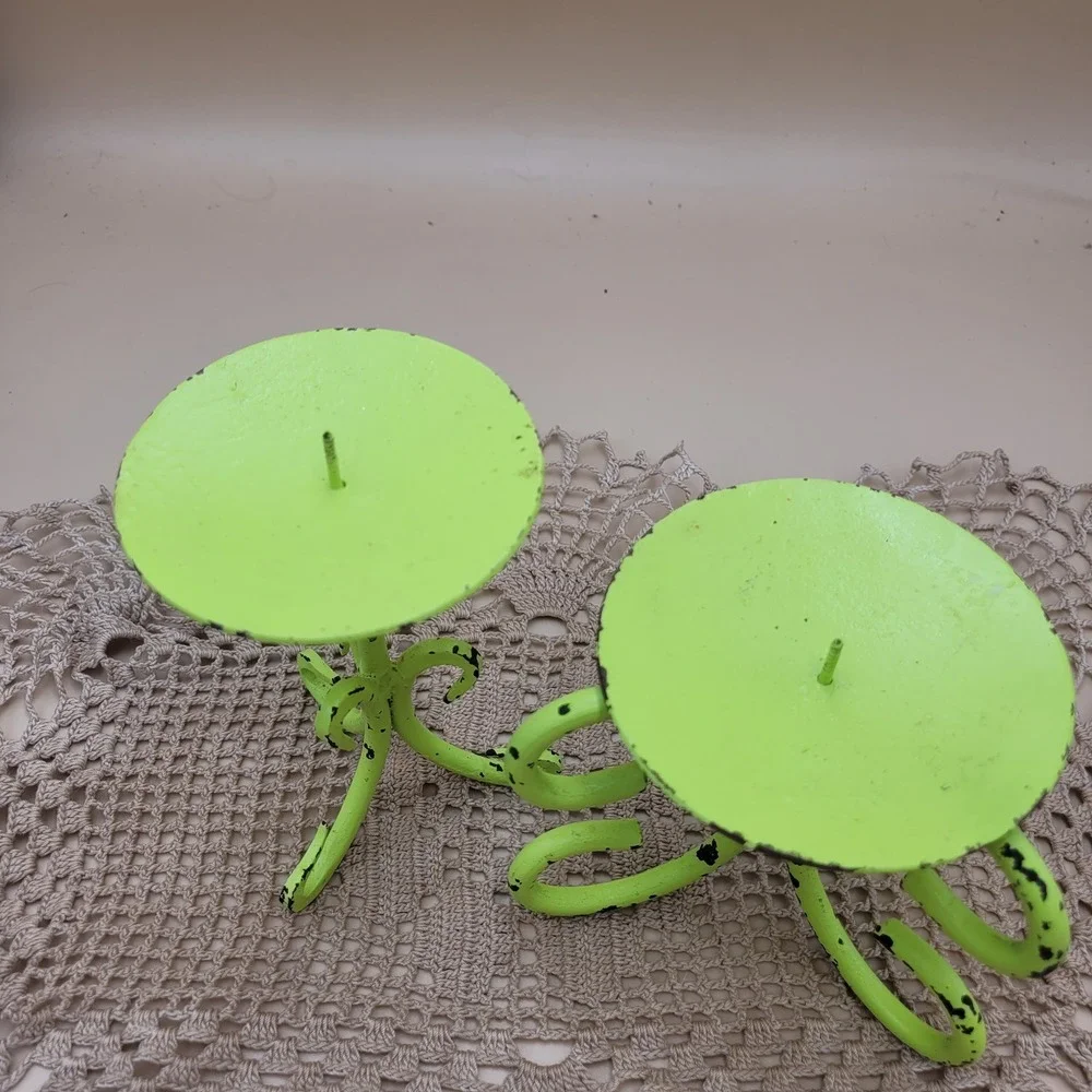 Lime Green Shabby Chic Metal Pillar Candle Holder Set Scroll Cottagecore 2pc